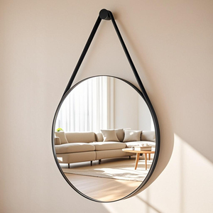 Custom Logo Decorative Glass Modern Art <strong>Framed</strong> Hanging Decoration Circle Home Decor Leather Round Wall <strong>Mirrors</strong> For Living Room