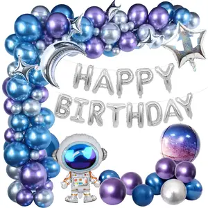 Kit de balões metálicos para decoração, kit de balões metálicos de cromo para festas, arco e feliz aniversário, galaxy rocket, lua astronauta, 109 peças