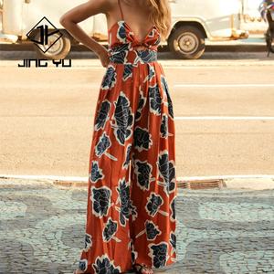 High Quality 100% Rayon Digital Printed Hawaiian Style Jumpsuit Custom Chest Bow <b>Suspender</b> Jumpsuit for Women - Product Image 1