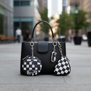 Portachiavi con ciondolo a scacchiera, rotondo e a goccia, con motivo bianco e nero, accessorio di moda per borse e chiavi - Product Image 2