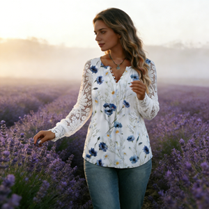 Chemise décontractée à manches longues à col en V pour femmes, taille plus, motif floral, boutons, dentelle, pour le printemps, l'été et l'automne - Product Image 5