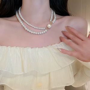 Shijia Pearl Sugar Cube Double Layer Necklace For Women Elegant Geometric Design With Bezel Setting Daily Wear Fashion Jewelry - Product Image 2