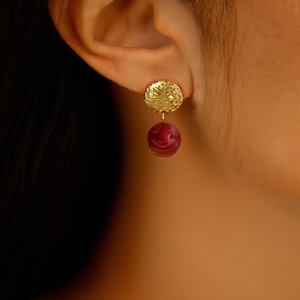 Fashion Stud <b>Earrings</b> PVD Gold Plated 316L Stainless Steel <b>Red</b> Bead Dangle Sustainable Resistant Jewelry - Product Image 3