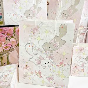 Sac cadeau à main en papier kraft durable de haute qualité avec nœud en ruban, motif chat mignon de dessin animé, pour l'anniversaire d'un meilleur ami - Product Image 4