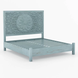 Premium Snehu Hand Carved <b>Bed</b> With Blue Distress Finish Elegant Design <b>Queen</b> <b>Size</b> Sturdy Wooden <b>Frame</b> Perfect - Product Image 6