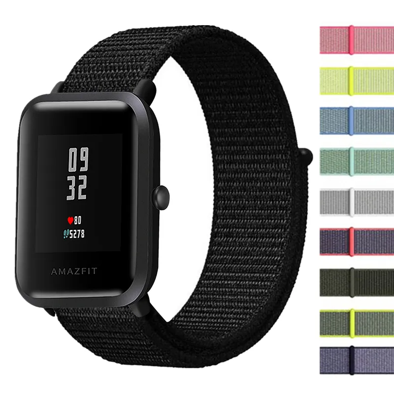 Pulseira de relógio de 20mm, pulseira de relógio para xiaomi huami amazfit bip youth watch, pulseira de nylon esportiva de malha de aço inoxidável para amazfit bip