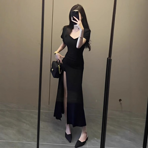 Elegant French Style Short Sleeve Black Dress Scoop Neck Sheath Slit Long Evening Dress - Product Image 4