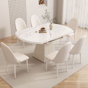 Dining <b>Table</b> And Chair Set Snow Mountain <b>White</b> Round Extendable For <b>Small</b> Homes And Apartments - Product Image 2