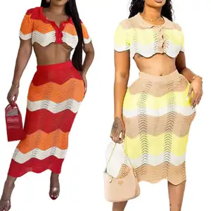 Designer Button Down Collar Beach Swimsuit Bikini Crochet 2 Piece Cover Up Sets Dress For Women