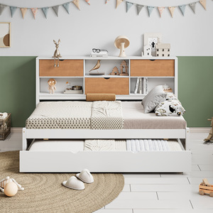 Cama capitán de madera con cajones de almacenamiento y estantes, tamaño individual, para dormitorio o estudio. - Product Image 3