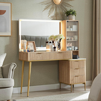 Grand miroir éclairé de bureau de maquillage de vanité moderne et coiffeuse de lumières avec 5 tiroirs et étagères, dessus en verre pour chambre à coucher, chêne