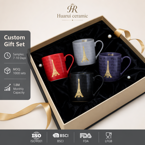 Ensemble de 4 tasses à café en céramique de luxe avec impression Tour Eiffel et feuille d'or, coffret cadeau souvenir de Paris - Product Image 1