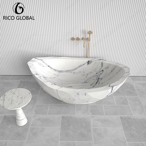 Baignoire autoportante de luxe en marbre blanc de Carrare, design spécial, baignoire de trempage, surface polie à veines foncées, modèle OEM BT-136A - Product Image 6