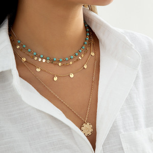 Collana turchese a strati in oro da donna collana lunga Multi Boho con ciondolo a moneta bohémien gioielli - Product Image 4