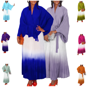 Conjunto de Falda Miayki C8610 de Alta Calidad, Color Degradado, Cárdigan Holgado con Lazo y Falda Larga Plisada, Conjunto de Dos Piezas para Otoño para Mujer - Product Image 1