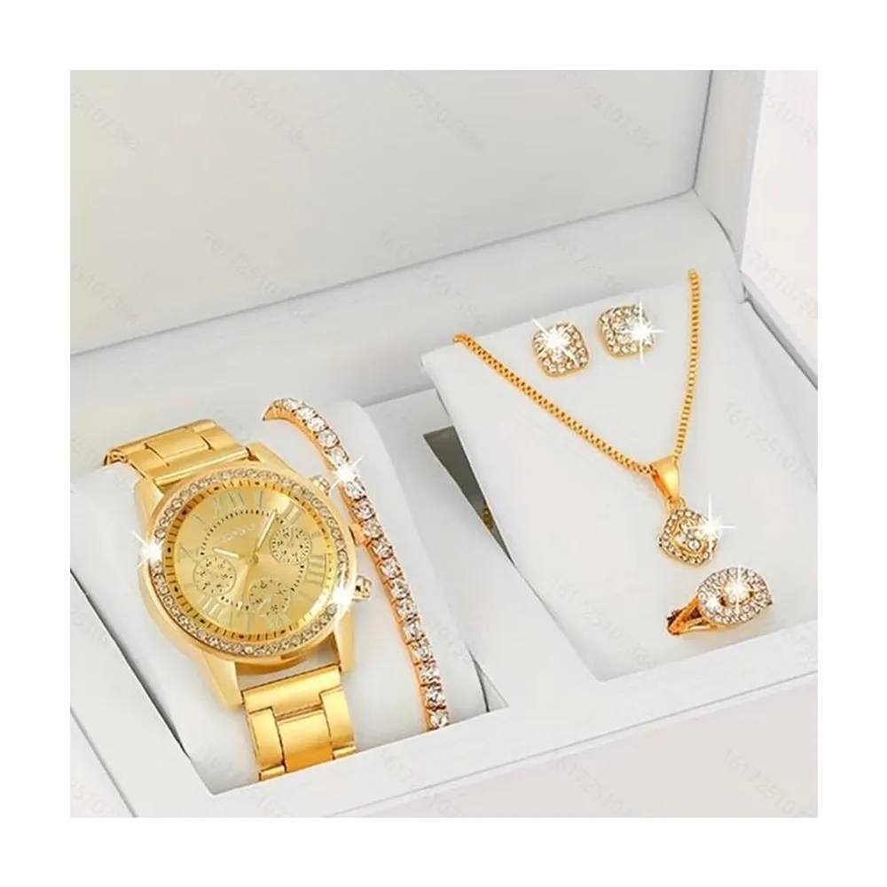 Neues Full Diamond Luxus Armband Uhren set Damen Quarzuhr Exquisites fünfteiliges Set
