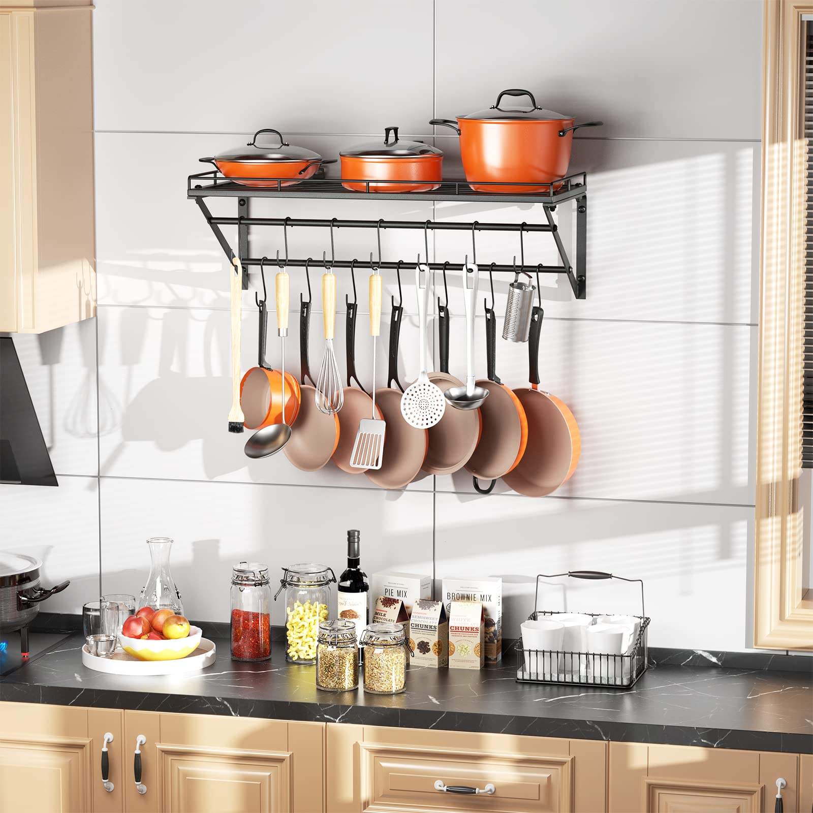 Wall Mounted Pot Rack Storage Shelf with Tier Hanging Rails 12 S Hooks  Included, Ideal for Pans, Utensils, Cookware
