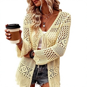 Cárdigan de punto calado para mujer, manga larga acampanada, con lazo frontal, estilo abierto, para playa, venta al por mayor - Product Image 5