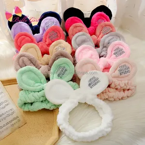 BELLEWORLD 14colors Custom Embroidery Logo Facial Skincare Hairband Flannel Bunny Ears Bow Spa Headband For Women Washing Face