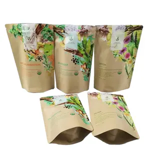 Bolsas ecológicas de pie impresas personalizadas 100G 250g 500g envasado de alimentos biodegradable para té verde té negro granos de café