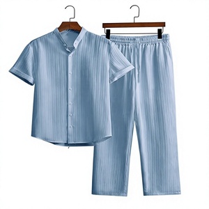 Summer Hawaii Men's Solid Bamboo Fiber Short Sleeve Shirt and Pants <b>Set</b> Breathable Casual Summer Wear Digital Printed - Product Image 1