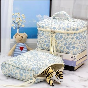 Borsa per il Trucco in Cotone con Chiusura a Cerniera per Donne, Grande Pochette da Viaggio Trapuntata, Organizer per Cosmetici da Ragazza, Blu, Marca LOHAS - Product Image 3