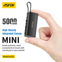 Aspor A352  Power Bank 5000mAh Mini Power Bank intelligent pour utilisation en cas d'urgence avec connecteur Type-C intégré PD20W+QC22.5W