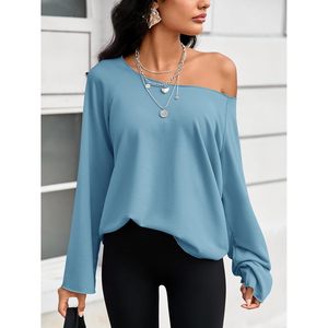 Tunique pour femme à épaules dénudées, manches longues, légère, coupe oversize, bleue, asymétrique, en jersey respirant - Product Image 4