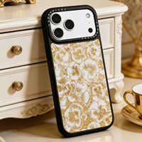 Coque de téléphone en verre A9 rouge foncé avec bordure noire, motif floral doré vintage et paillettes, protection intégrale pour 17 Pro, design personnalisable