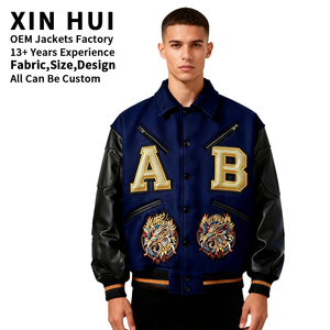Custom Logo Embroidery <b>Winter</b> Long Dyed Varsity <b>Jacket</b> Navy Blue Canvas <b>Leather</b> Contrast Sleeve Streetwear Unisex Baseball - Product Image 2