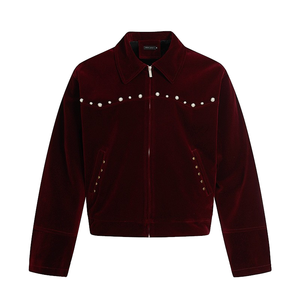 OEM Custom Wholesale <b>Mens</b> Burgundy <b>Velvet</b> Zip Up <b>Jacket</b> Retro Lapel Collar Pearls Rivet Decorated Cropped <b>Velvet</b> Coat Streetwear - Product Image 1