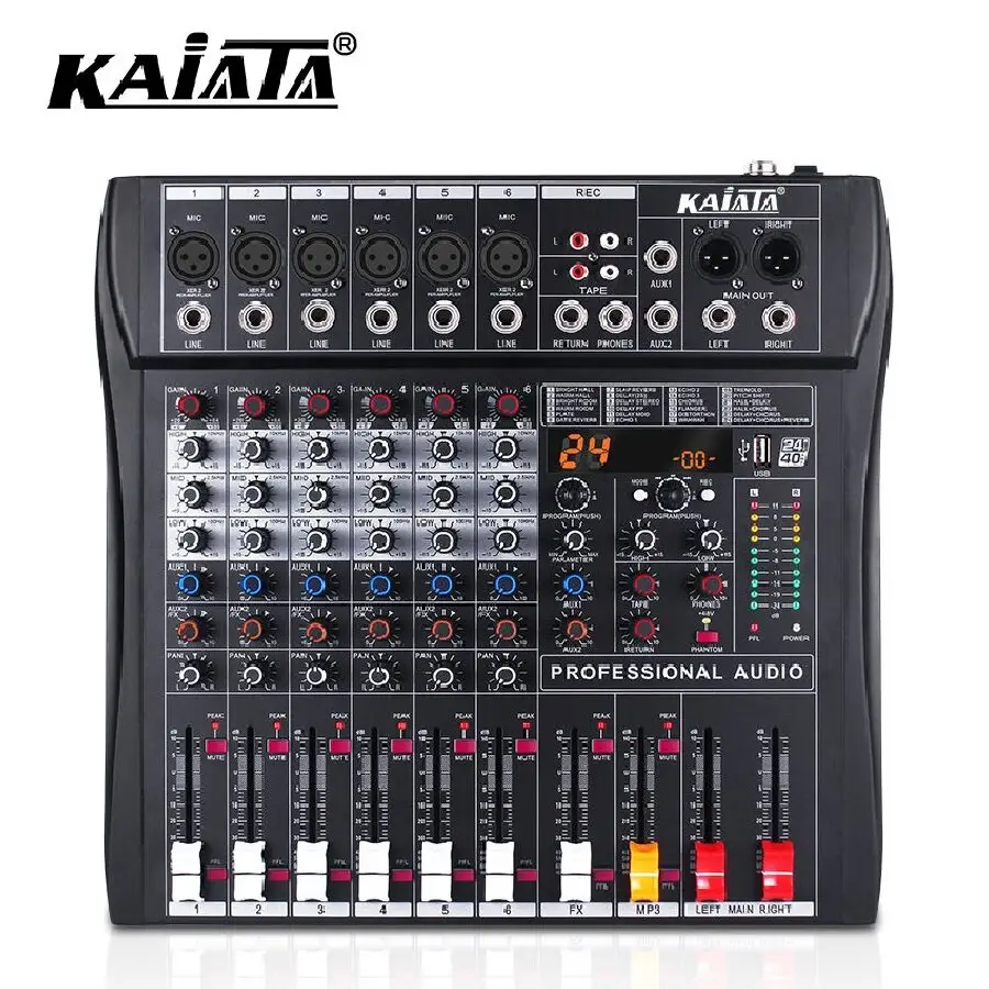 Kaika RX6-2 Eindversterker 48V Fantoomvoeding 6-kanaals Karaokeconsole Professionele Audiomixer