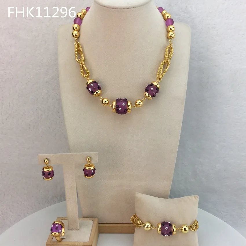 Yuminglai FHK11296 جديد مجوهرات الأزياء ، الذهب مطلي الأقراط والأساور والقلائد والخواتم ، 24K مجوهرات مطلية بالذهب مجموعة