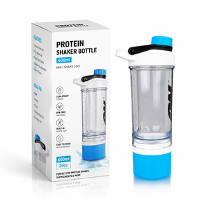Shaker à protéines en plastique de 600 ml avec compartiment de rangement inférieur, anti-fuite, sans BPA, bouteille mélangeuse avec agitateur croisé pour la salle de sport - Product Image 1