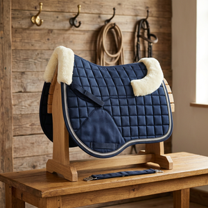 Almohadilla de Silla de Montar Azul con Diseño de Caballo Saltando, Forro de Polialgodón, Cubre Almohadilla de Silla de Montar de Algodón para Competición Ecuestre, Fabricante de Productos Equinos, India - Product Image 1