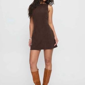 เดรสคอร์ดูรอยสีน้ำตาลสำหรับผู้หญิง คอวีผูกโบว์ด้านหลัง ทรงเอไลน์ มินิเดรส เซ็กซี่ สไตล์วินเทจ Y2K สำหรับฤดูใบไม้ร่วง ฤดูหนาว ใส่สบายๆ ในชีวิตประจำวัน - Product Image 2