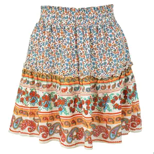 Summer Plus Size Double Elastic Skirt Women'S Print Skirt Bohemian Ethnic Style Flounce Pleated Skirt