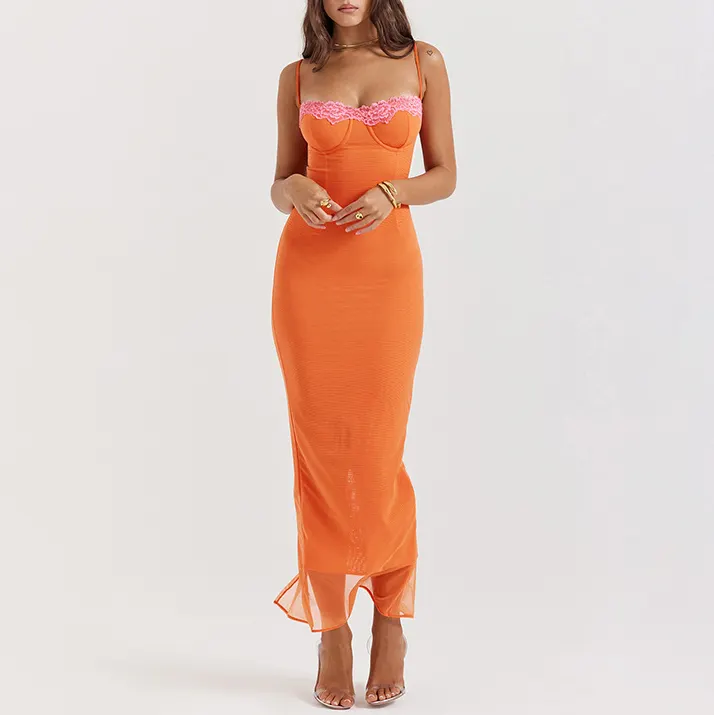 2024 Sexy Ladies Orange sin mangas Mesh Bodycon mujeres Midi Dress