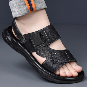Sandalias de cuero para hombre, con punta abierta, suela de goma, deportivas, de verano, para papá, cómodas y fáciles de usar, zapatos de playa - Product Image 1
