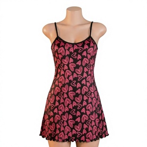 Sexy Women's Printed Heart Pattern Nightdress Sleeveless Short Sleepwear Summer <b>Black</b> Pink Lingerie Dress - Product Image 1