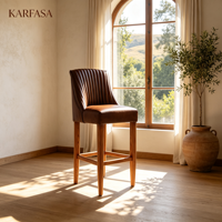 Tabouret de bar en cuir à dossier haut, chaise en bois massif, siège de comptoir avec repose-pieds pour bar à domicile, îlot de cuisine