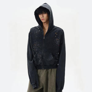 Streetwear High Quality Distressed <b>Black</b> Heavyweight 500 Gsm French Terry Custom <b>Zip</b> <b>up</b> <b>Hoodie</b> Pearls Rhinestones 3D Breathable - Product Image 3