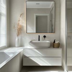 Custom Luxury MDF Bathroom Cabinet with Integrated Sink and Mirror Modern Design Water Resistant Eco-Friendly Easy to Clean - Product Image 1