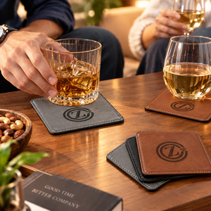 Sous-verres en cuir PU avec logo personnalisé pour les commodités hôtelières, sous-verres gravés en gros, OEM ODM - Product Image 1