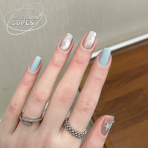 TikTok nuevo usable Blue Star Polka Dot Cat Eye brillo puntas de uñas de gama alta 30 piezas desmontables - Product Image 2