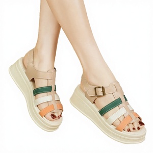 Petite Roman Style <b>Toe</b> Thick Sole Leather Upper <b>Sandals</b> Retro Hollow Woven <b>Closed</b> <b>Toe</b> Women's Shoes Rubber Outsole PU Midsole - Product Image 2