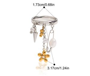 Bague ajustable ouverte pour femme avec breloque papillon, épingle de sûreté, fleur de perle et chaîne pendante, bijoux de mode - Product Image 5