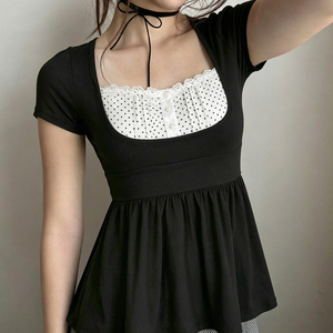 Blusa con lazo frontal para mujer, estilo coreano, informal, de manga corta, con efecto de dos piezas y aspecto superpuesto. - Product Image 4
