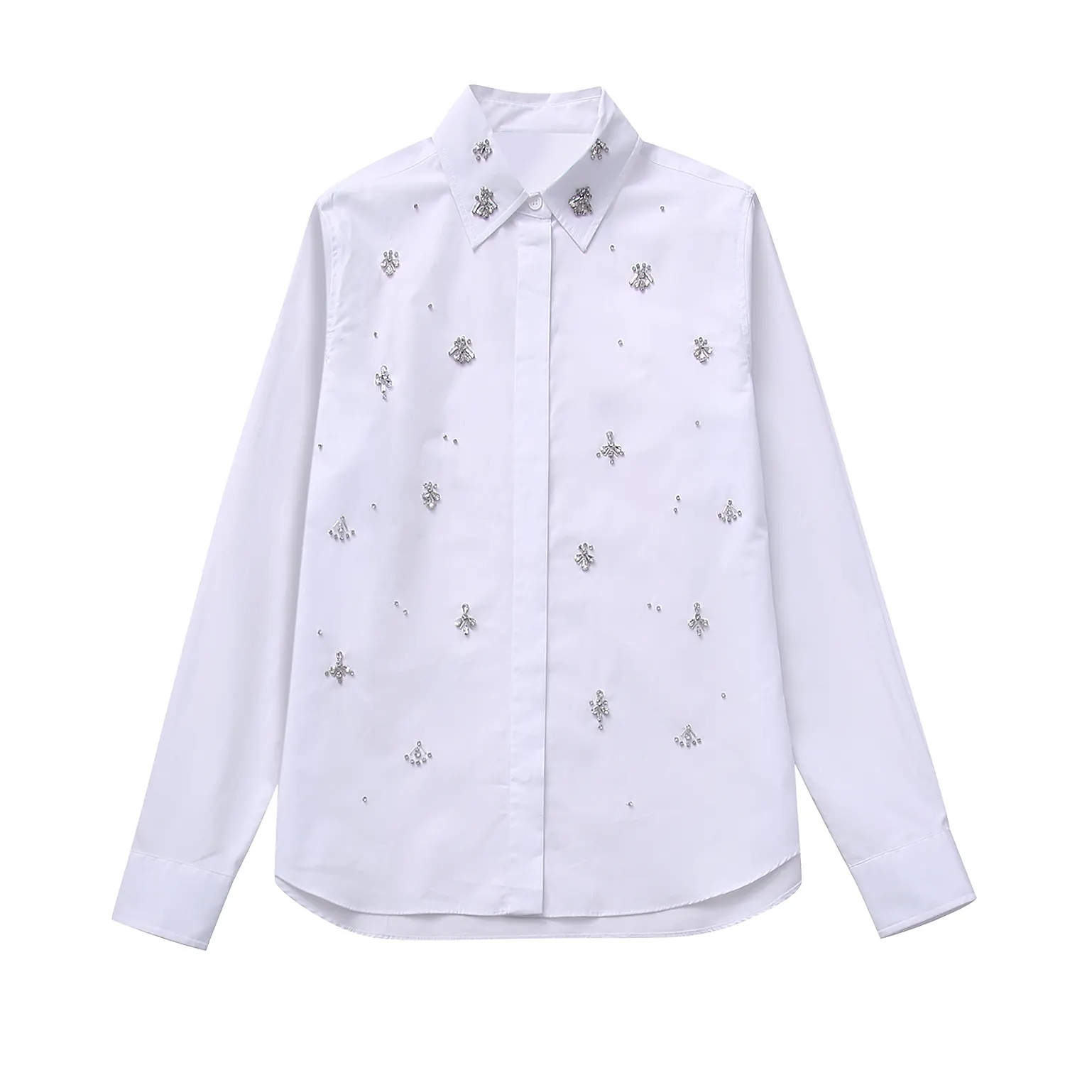 비즈 화이트 컬러 긴 소매 다운 칼라 버튼 여성용 캐주얼 패션 셔츠
