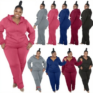 Ensemble de survêtement décontracté 2 pièces pour femme grande taille 5XL, couleur unie, avec sweat à capuche zippé et pantalon de jogging à cordon de serrage, longueur genou, collection 2026 - Product Image 2